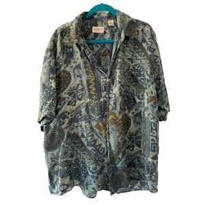 Vintage 100% Silk Hawaiian Button Up Shirt Blue/Green Pattern